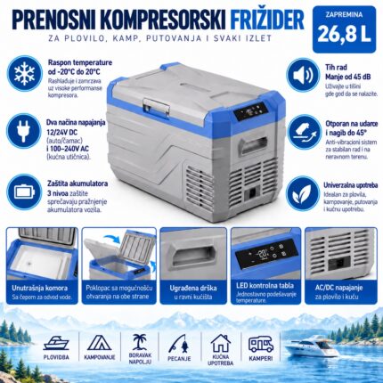 Prenosivi kompresorski frizider 26,8L 12/24V-220V